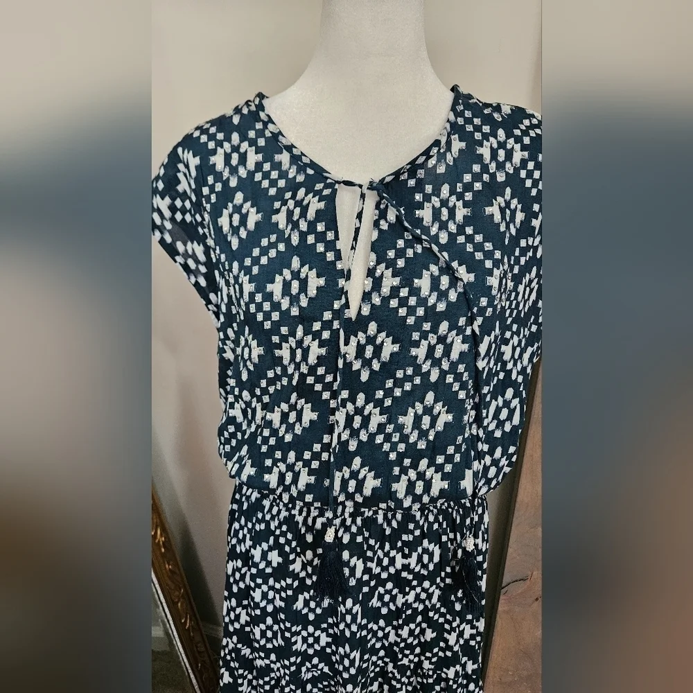 RubyYaya Beaded Boho Maxi Dress Blue White Geometric Print Size M - Picture 5 of 16